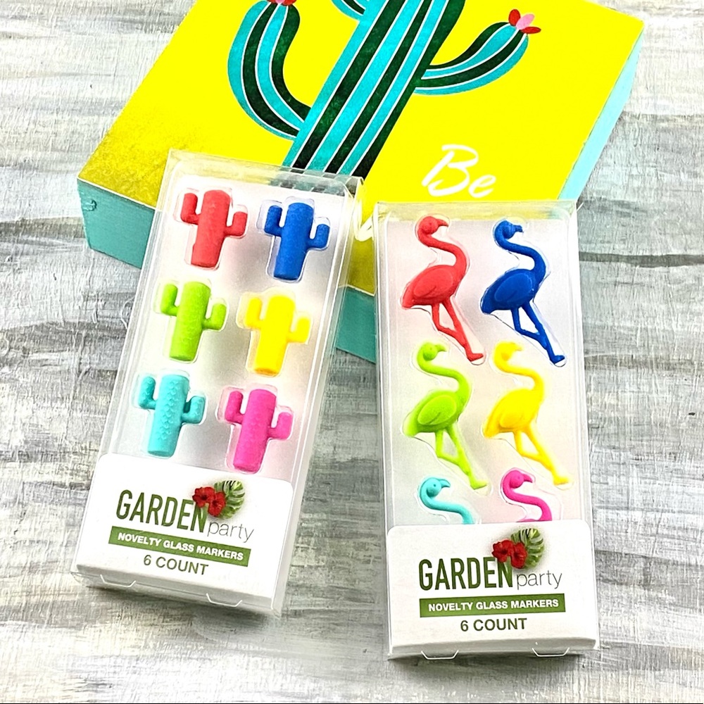 NWT Garden Party Novelty Glass Markers Wine Charms Bundle Cactus Flamingo Sets - Picture 6 of 11